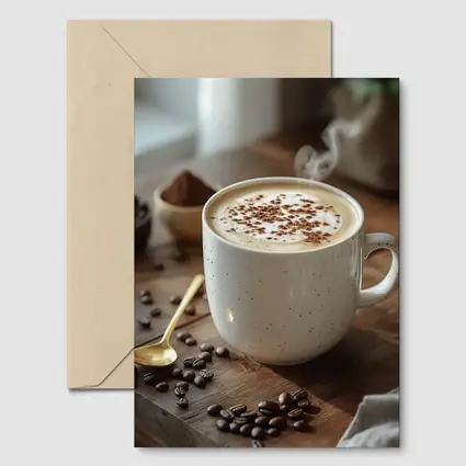 Steaming Cappuccino Mug Coffee Beans Wooden Table