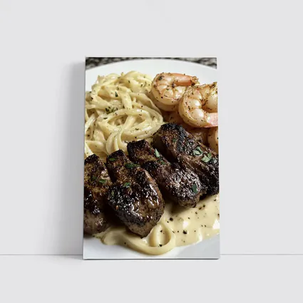 Grilled Steak Shrimp Pasta Cream Sauce Plate