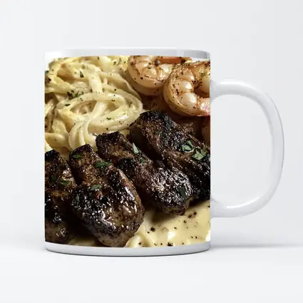 Grilled Steak Shrimp Pasta Cream Sauce Plate