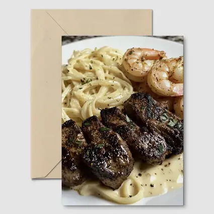 Grilled Steak Shrimp Pasta Cream Sauce Plate