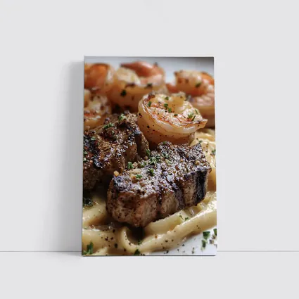 Seared Steak Shrimp Creamy Pasta Dish