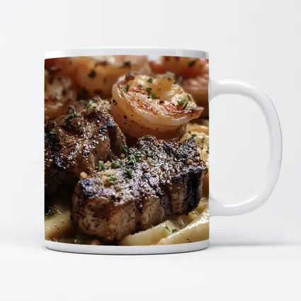 Seared Steak Shrimp Creamy Pasta Dish