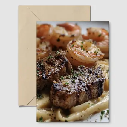 Seared Steak Shrimp Creamy Pasta Dish