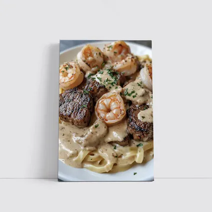 Surf and Turf Steak Shrimp Pasta Dish