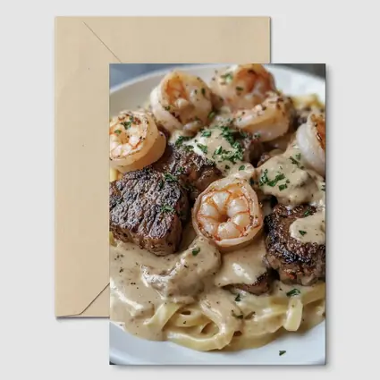 Surf and Turf Steak Shrimp Pasta Dish