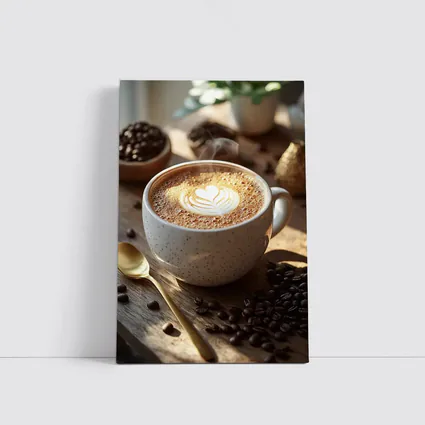 Latte Art Heart Coffee Beans Wooden Table
