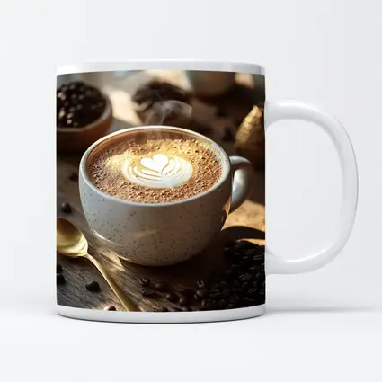 Latte Art Heart Coffee Beans Wooden Table
