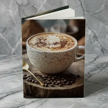 Steaming Latte Art Coffee Cup Wooden Board