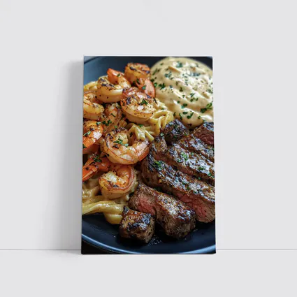 Surf and Turf Steak Shrimp Pasta Plate