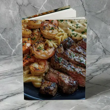 Surf and Turf Steak Shrimp Pasta Plate