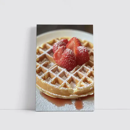 Golden Waffle Strawberries Powdered Sugar White Plate