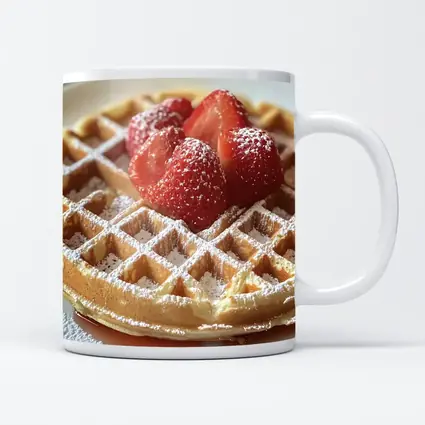 Golden Waffle Strawberries Powdered Sugar White Plate