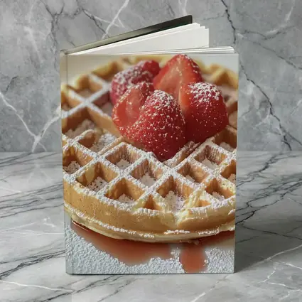 Golden Waffle Strawberries Powdered Sugar White Plate
