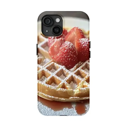 Golden Waffle Strawberries Powdered Sugar White Plate