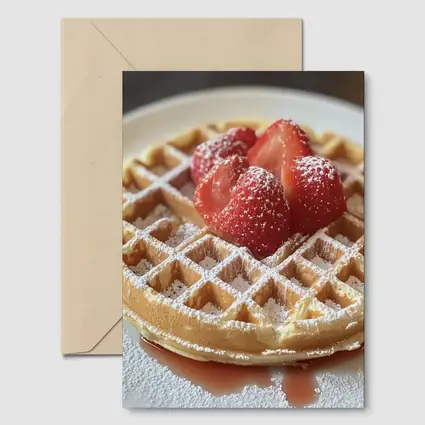 Golden Waffle Strawberries Powdered Sugar White Plate