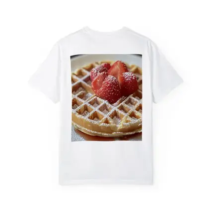Golden Waffle Strawberries Powdered Sugar White Plate