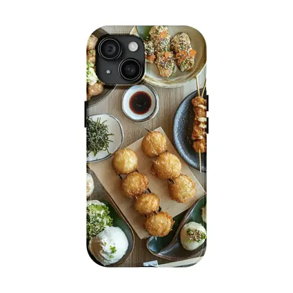 Japanese Street Food Spread On Wood Table