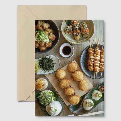 Japanese Street Food Spread On Wood Table