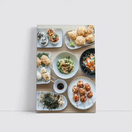 Japanese Street Food Spread on Wood Table