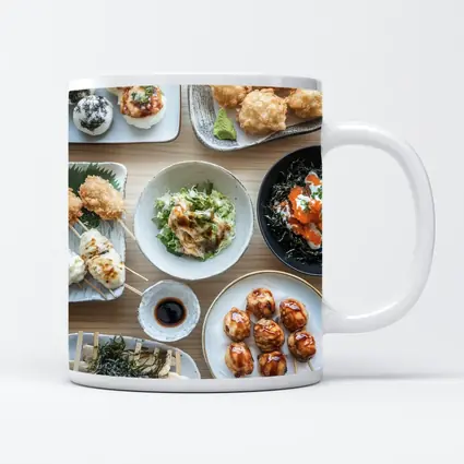 Japanese Street Food Spread on Wood Table
