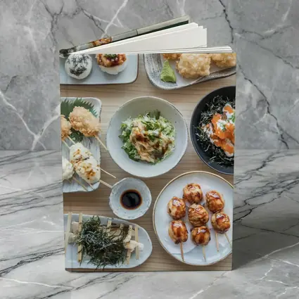Japanese Street Food Spread on Wood Table