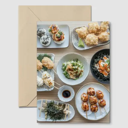 Japanese Street Food Spread on Wood Table