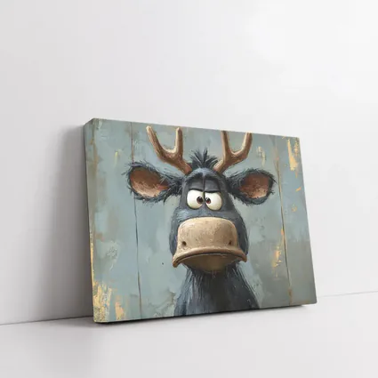 Grumpy Cartoon Moose Portrait Textured Blue Background