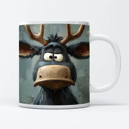 Grumpy Cartoon Moose Portrait Textured Blue Background
