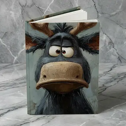 Grumpy Cartoon Moose Portrait Textured Blue Background