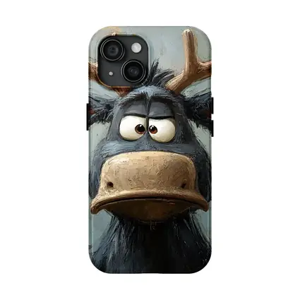 Grumpy Cartoon Moose Portrait Textured Blue Background