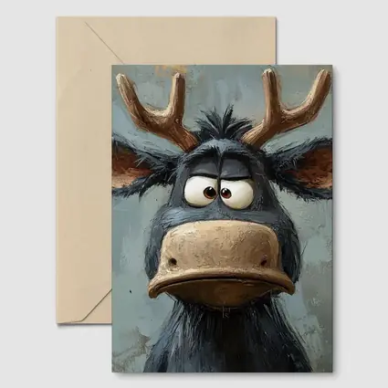 Grumpy Cartoon Moose Portrait Textured Blue Background