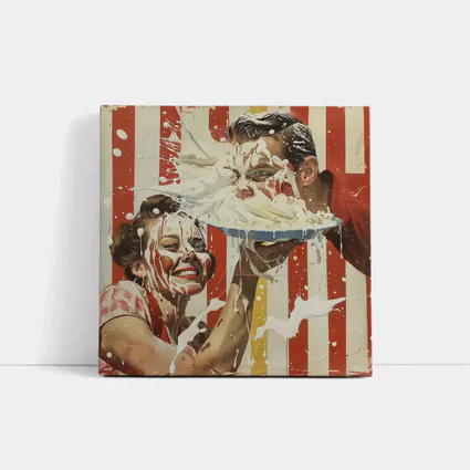 Retro Pie Fight Couple Red Striped Background