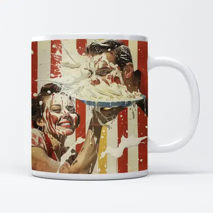 Retro Pie Fight Couple Red Striped Background