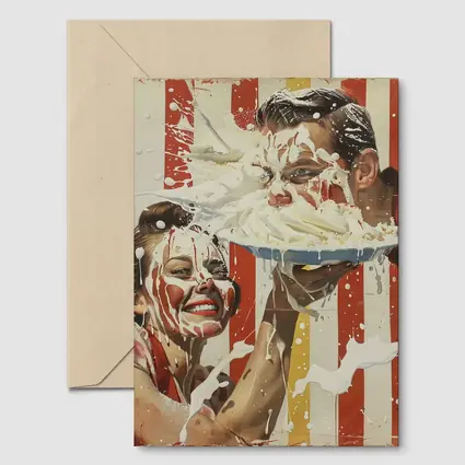 Retro Pie Fight Couple Red Striped Background