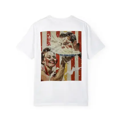 Retro Pie Fight Couple Red Striped Background
