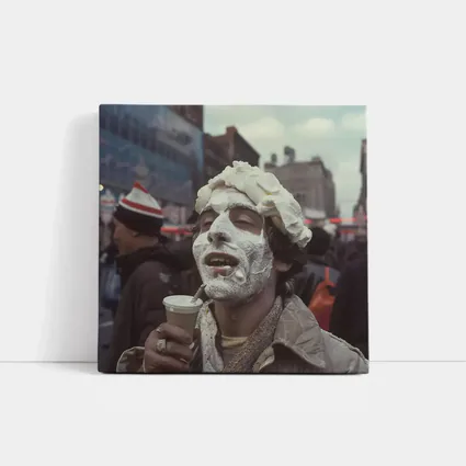 Man Covered Whipped Cream Busy City Street