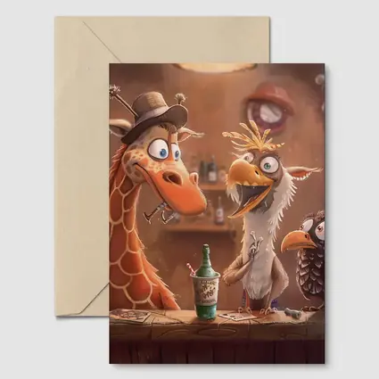 Cartoon Giraffe and Birds Bar Scene
