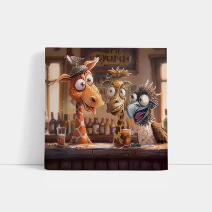 Funny Giraffes and Bird at Bar