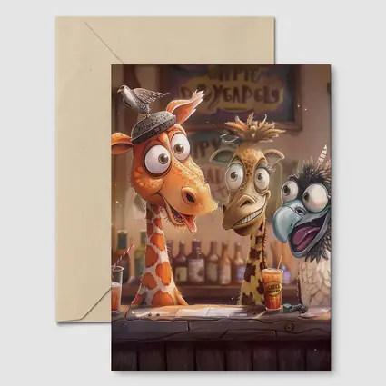 Funny Giraffes and Bird at Bar