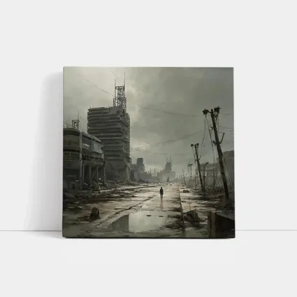 Lone Figure Walking Through Desolate Abandoned City