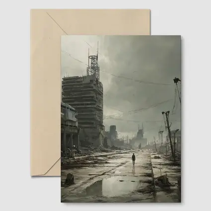 Lone Figure Walking Through Desolate Abandoned City