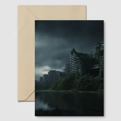 Abandoned City Ruins Overgrown Dark Stormy Sky