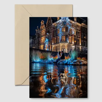 Couple by Amsterdam Canal at Night
