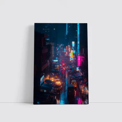Neon Rainy City Street Night Scene