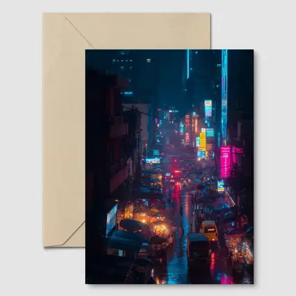 Neon Rainy City Street Night Scene