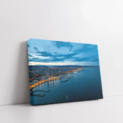 Barcelona Coastline Aerial View Blue Hour