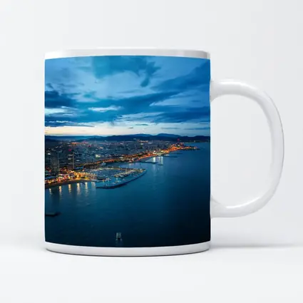 Barcelona Coastline Aerial View Blue Hour
