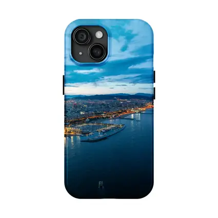 Barcelona Coastline Aerial View Blue Hour