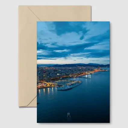 Barcelona Coastline Aerial View Blue Hour