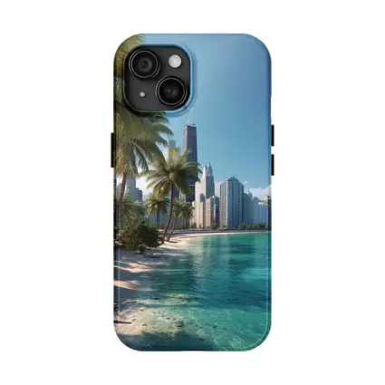 Tropical Beach Palm Trees City Skyline